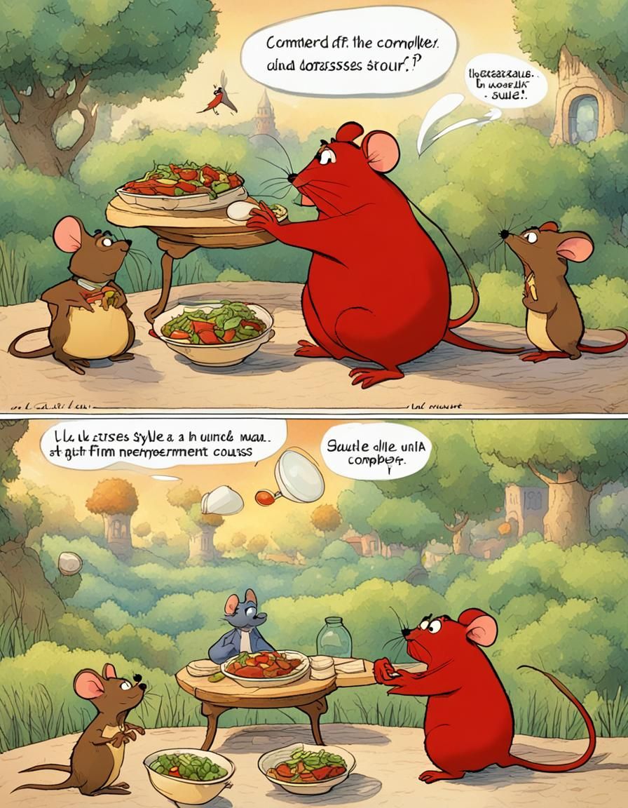 une bulle de discussion rouge au-dessus de la souris indique (« MIAM MIAM »4) en grosses lettres grasses style bande des...