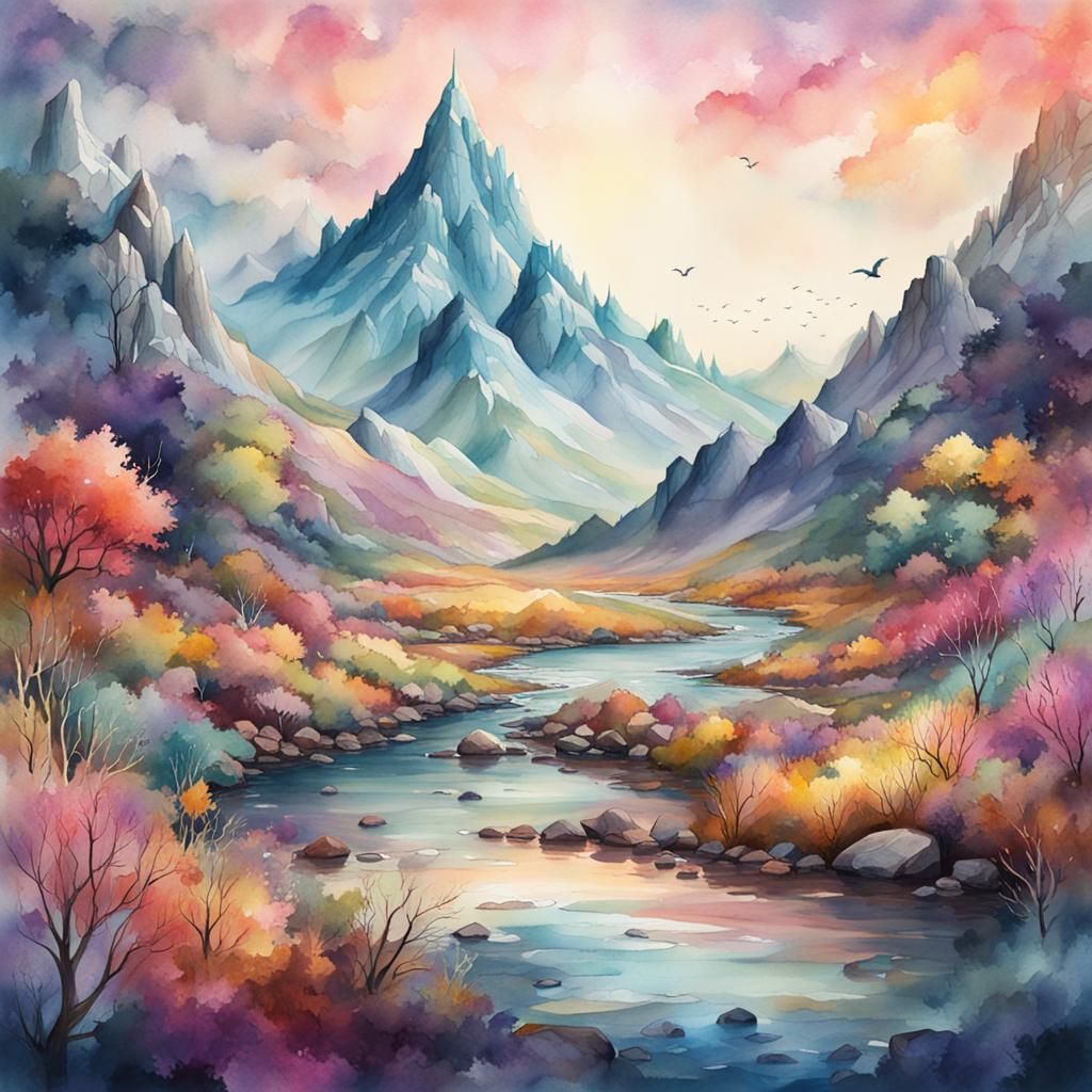 Boho Watercolor Landscape in Pastel Colors