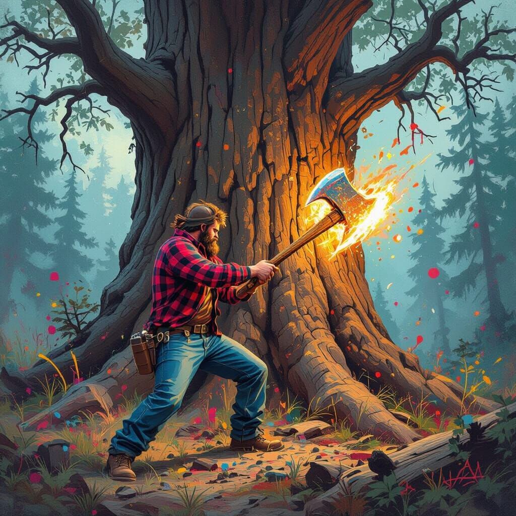 Lumberjack Cuts Tree with Magic Axe in Graffiti Art Style
