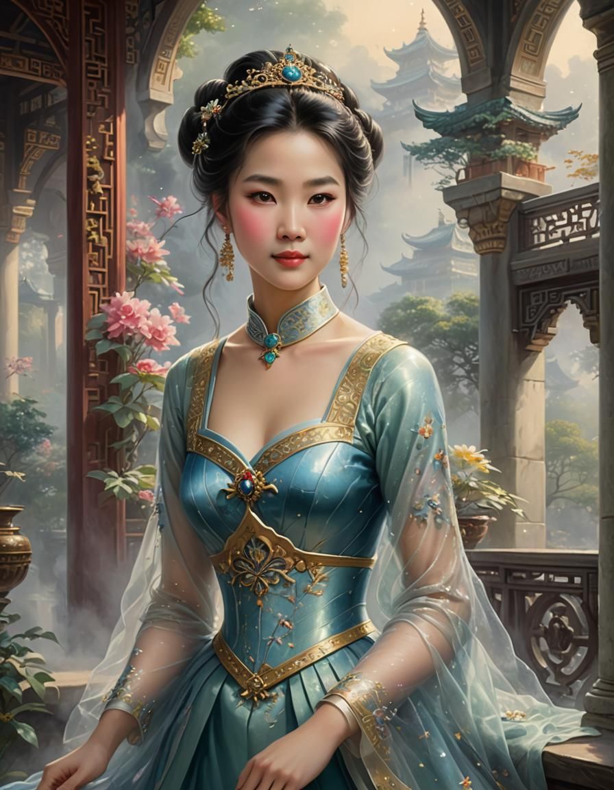 A beautiful Chinese princess in a palace, Shy smile full of ...