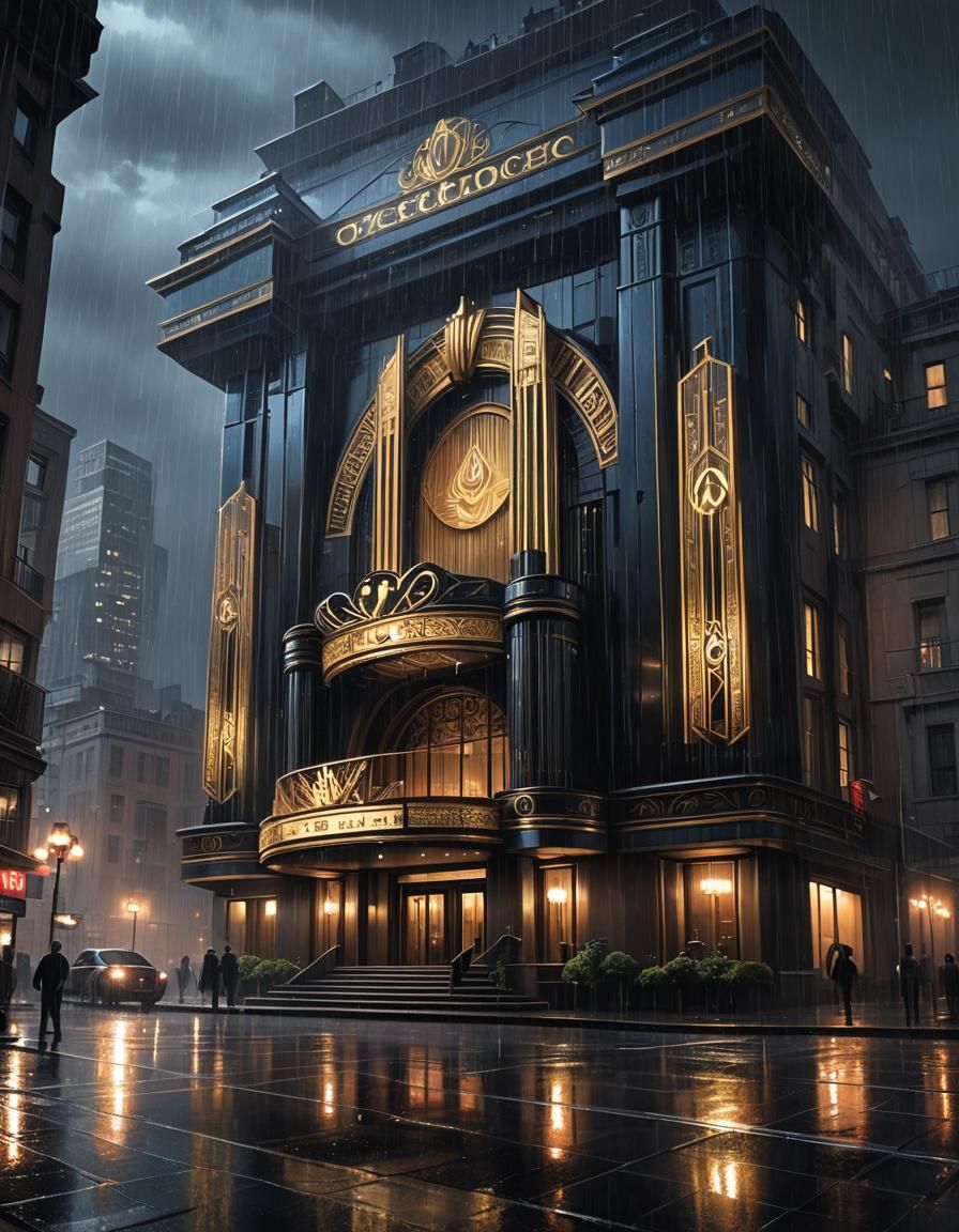 Art Deco Opera House in Midnight Rain