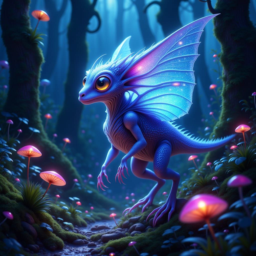 Fantastical Creature in Bioluminescent Forest Digital Painti...