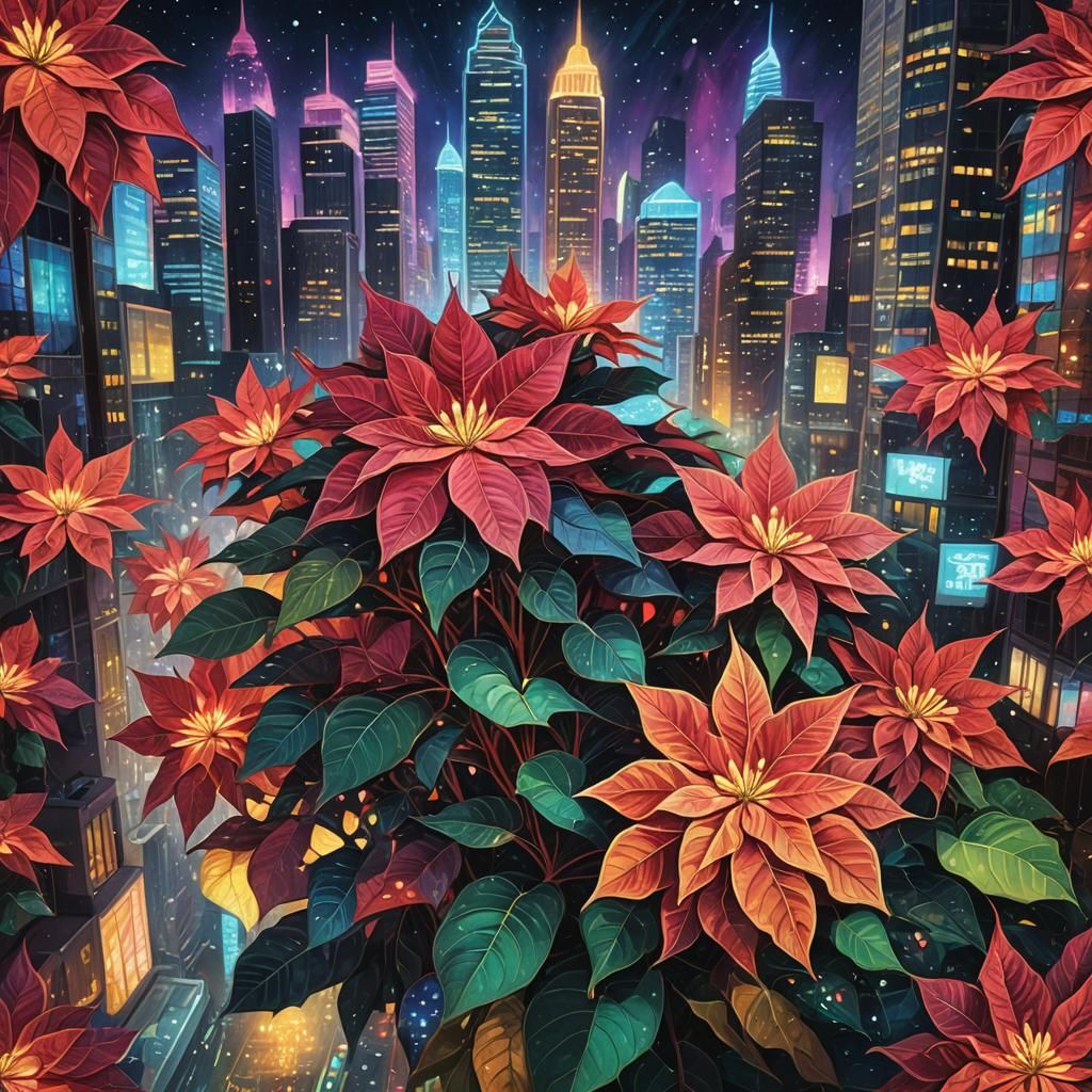 Mystical Poinsettia Blooms in Cosmic City, in Mixed Media St...