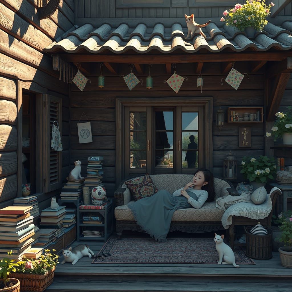 Asian Girl on Terrace in Art Nouveau Style