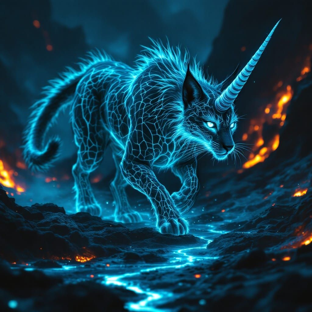 Lynx Unicorn Hybrid Roams Fiery Volcanic Landscape