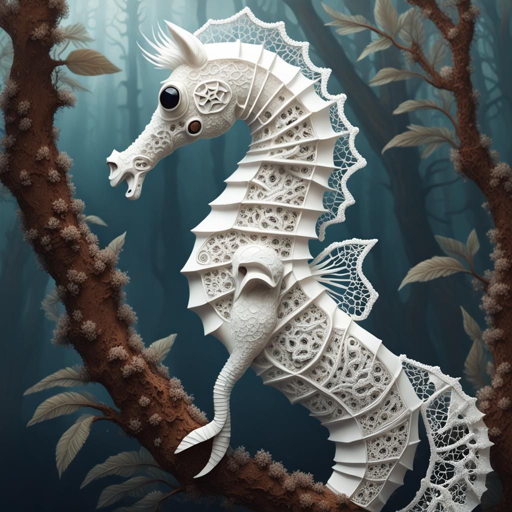 Lace white seahorse entirely made of lace on a tree branch