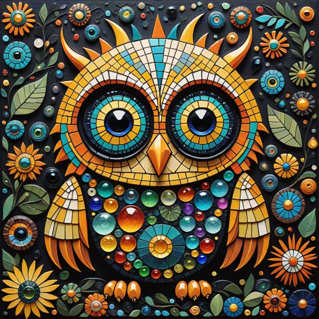 Whimsical Mosaic Monster Amidst Vibrant Gems and Chaos