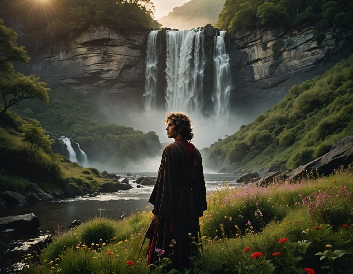 Mystical Jedi in Moonlit Landscape, Art Nouveau Style