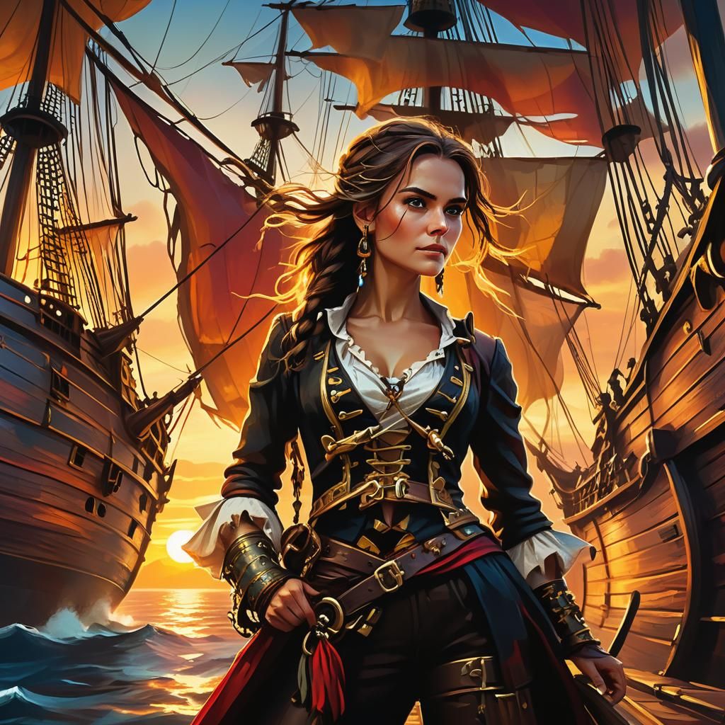 Female Pirate and Ship at Sunset: Oil Painting