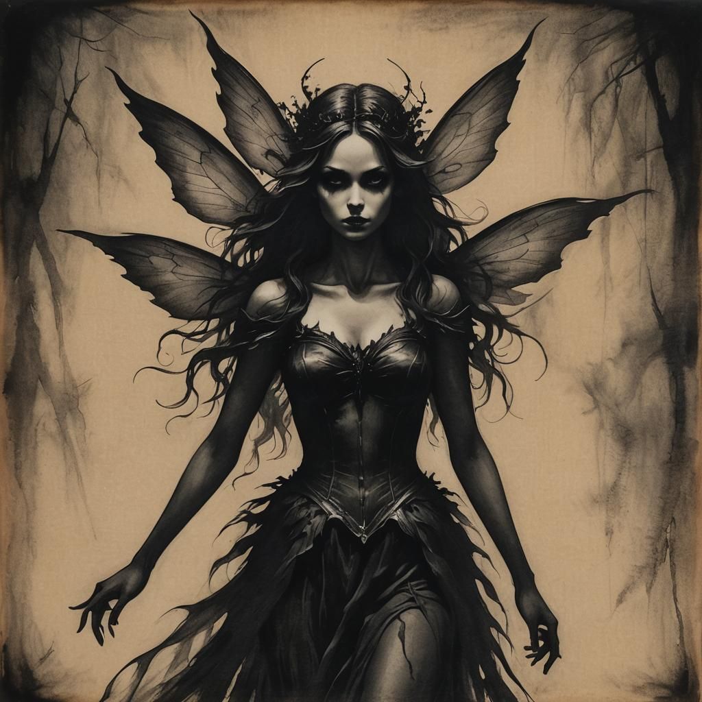 Sinister Charcoal Fairy Silhouette Drawing