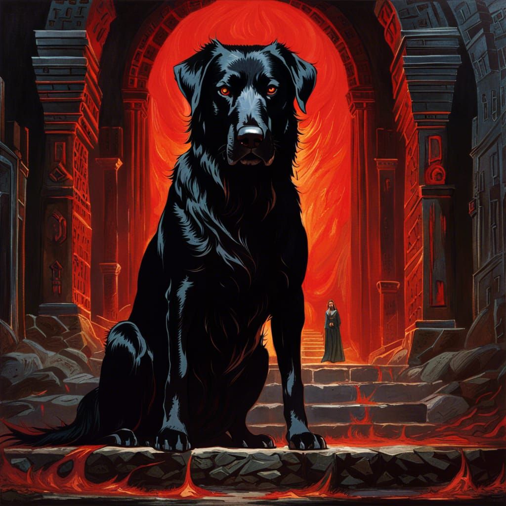 Hyperrealistic Hellhound Guarding Dungeon Entrance
