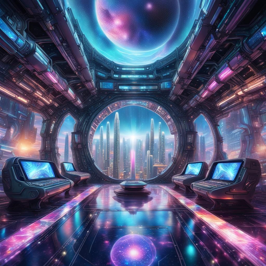 Futuristic Argo City Interior in Astral Holographic Style