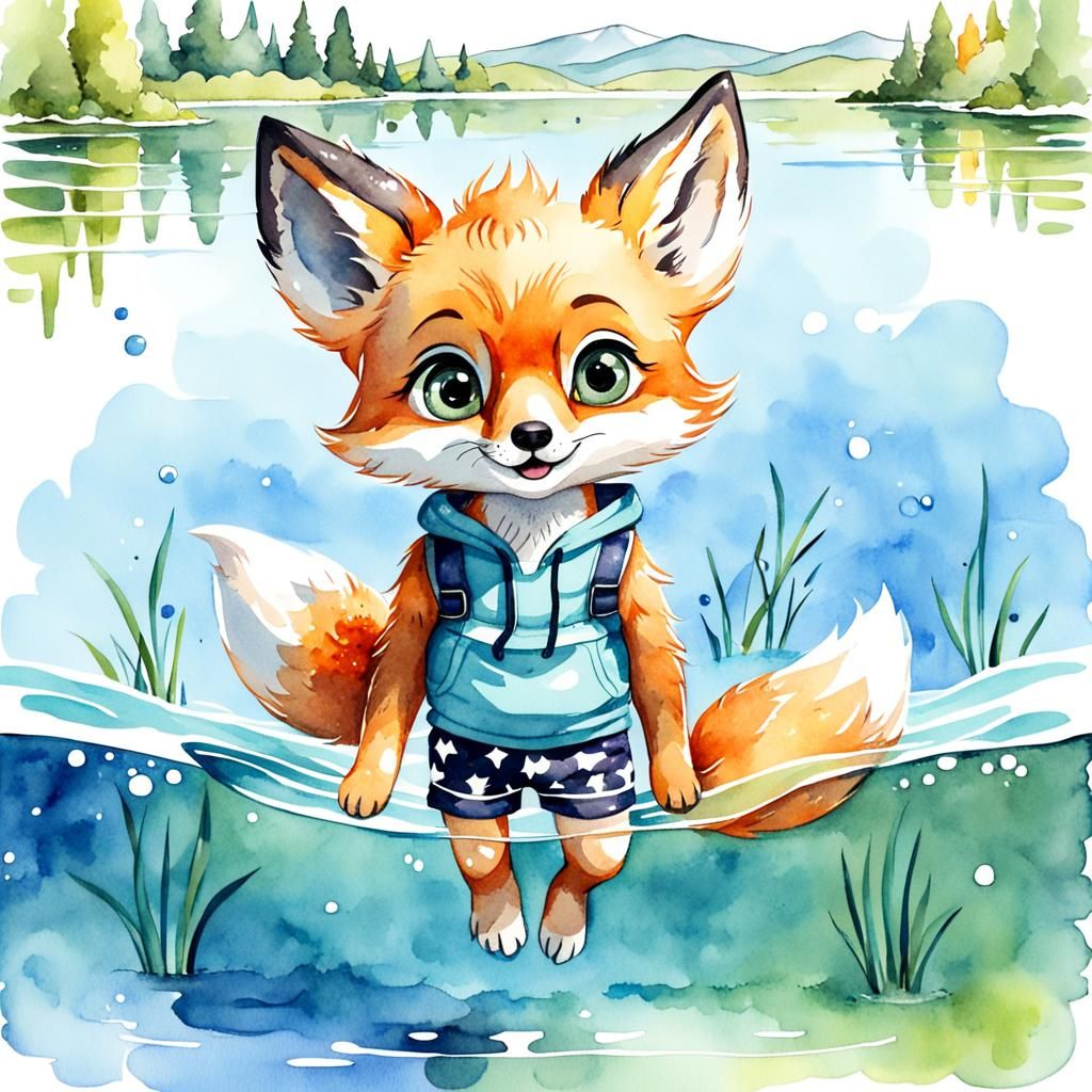 Joyful Fox Cub Swimming: Watercolor Cartoon Illustration