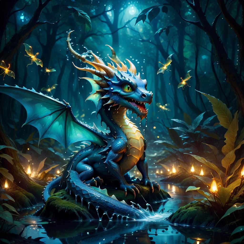 Water Dragon in Fantasy Forest, Digital Art