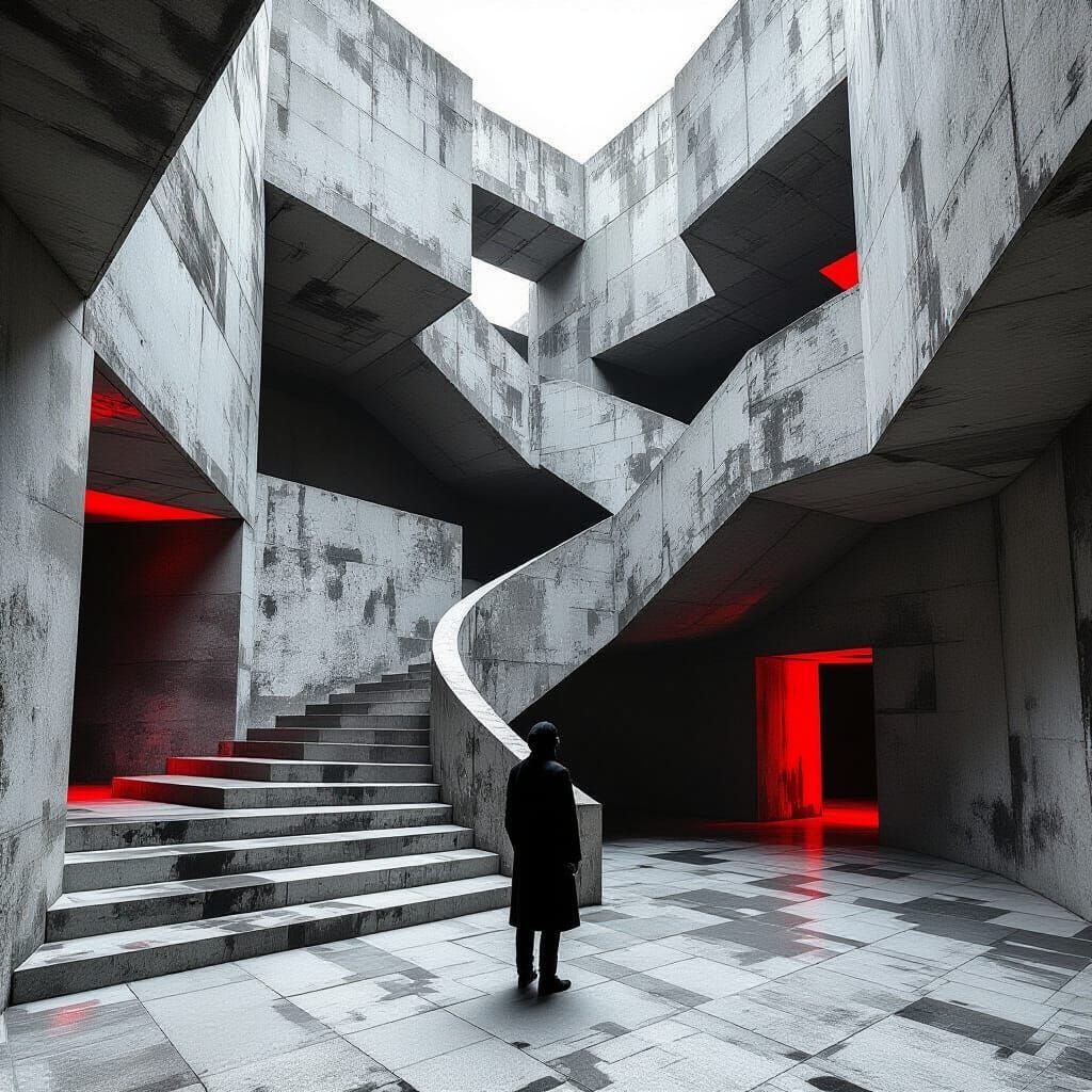 Surreal Labyrinth: Dreamlike Brutalist Stairwell in Black an...