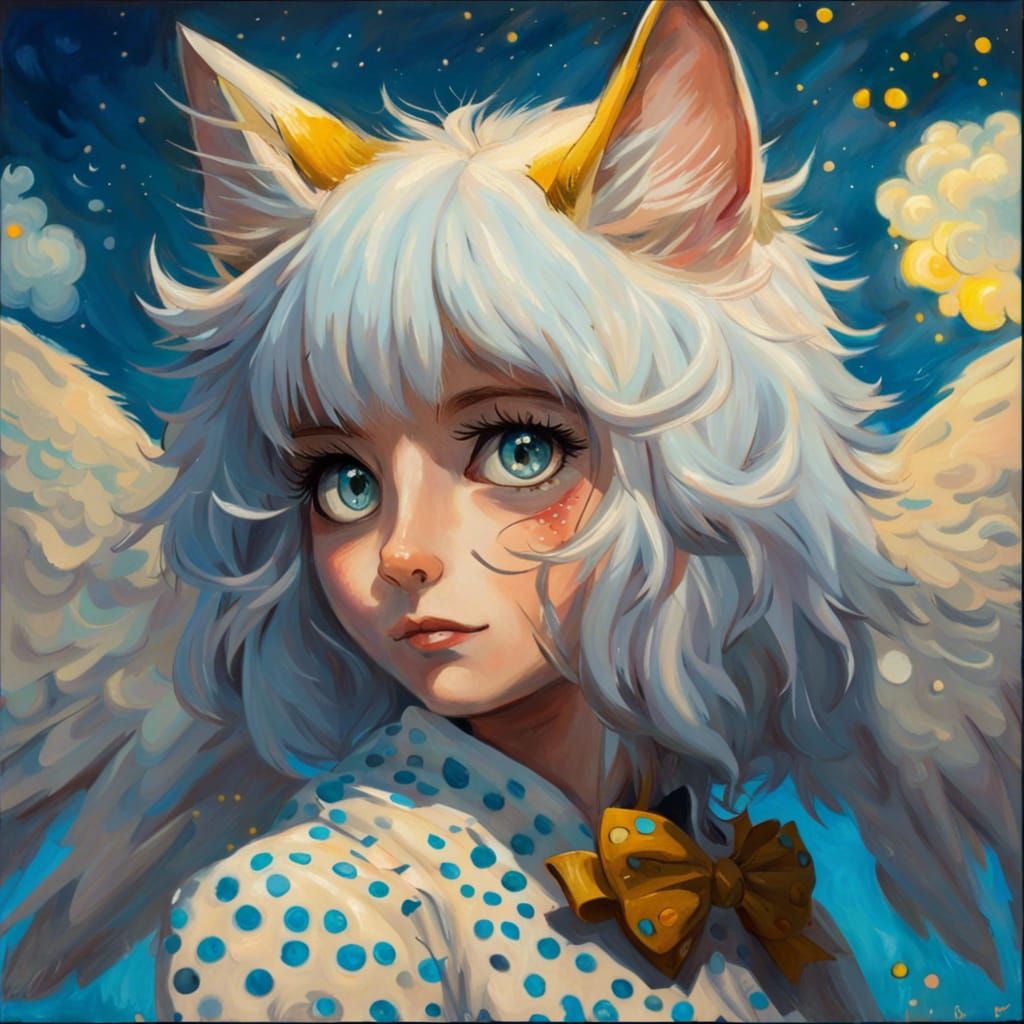 Anime Cat-Girl with Wings in Van Gogh Style