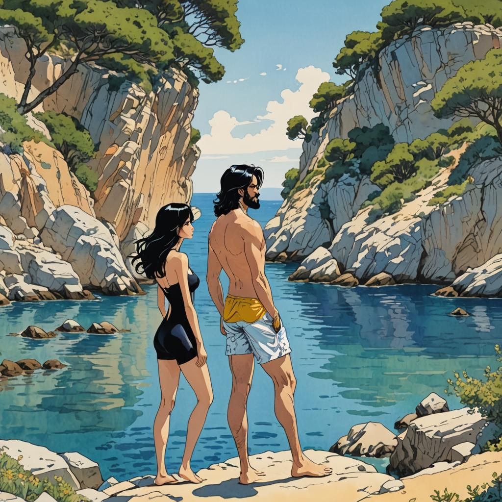 Romantic Couple Kissing in Mediterranean Cove, Anime Style
