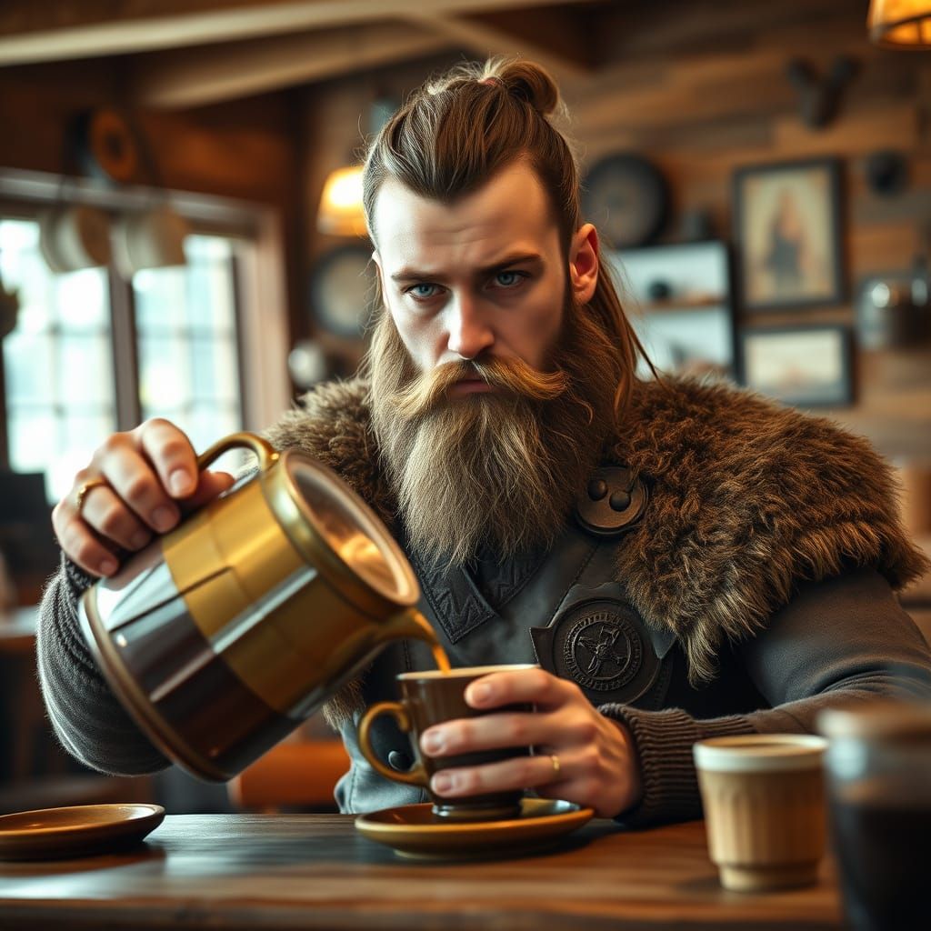 Viking Sips Coffee in Cozy Coffee Shop