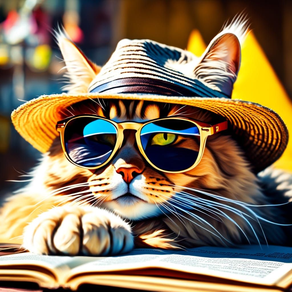 Hyperrealistic Cat Reading a Book in Sunglasses