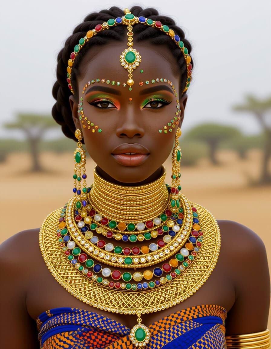 Bejeweled African Princess with Gold Filigree Necklaces