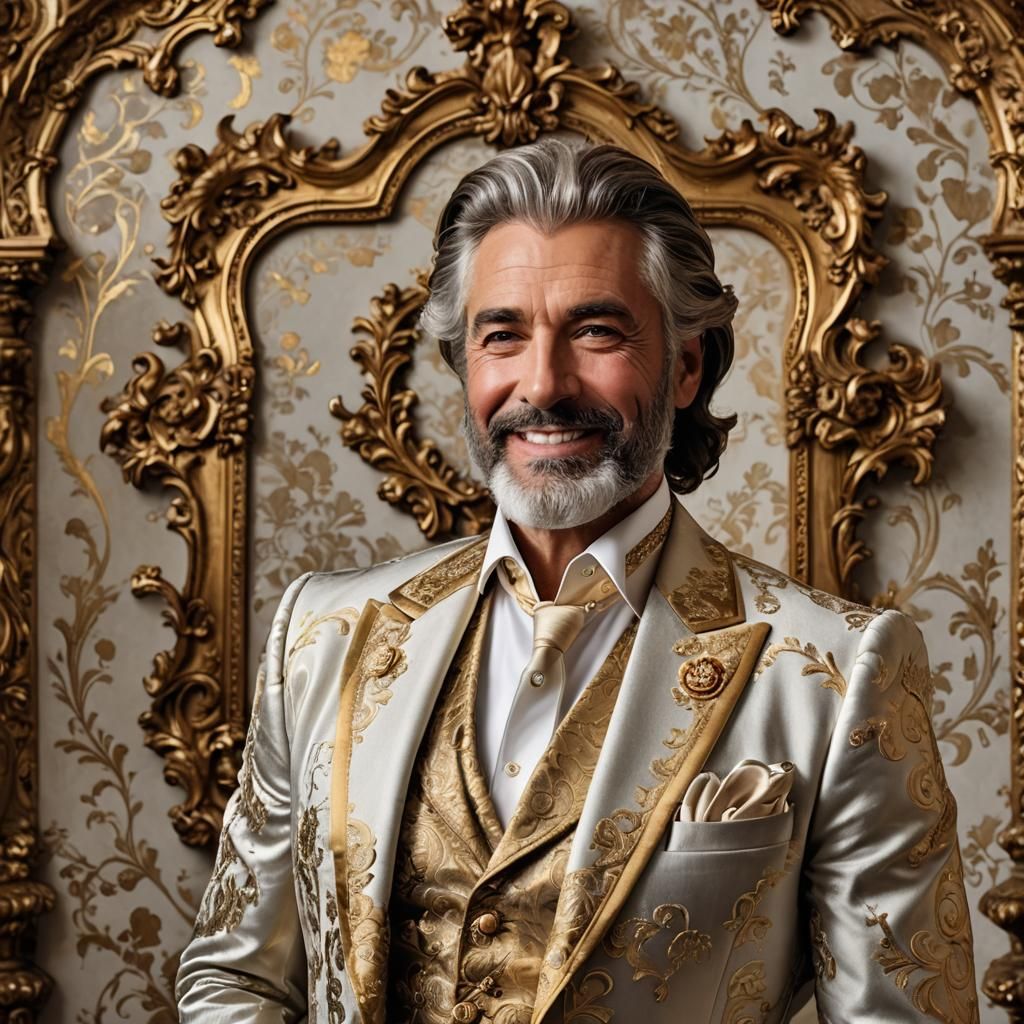 Elegant Italian Man in Rococo Style Silk Suit