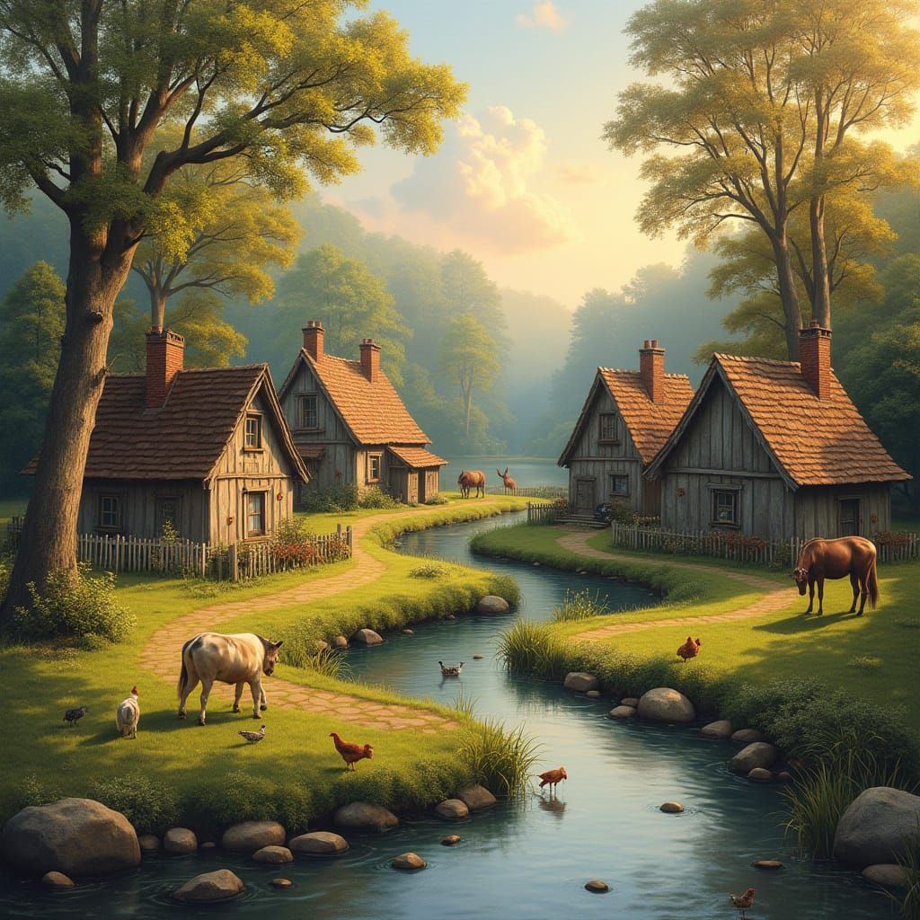 Idyllic Village Scene in Warm Golden Light
