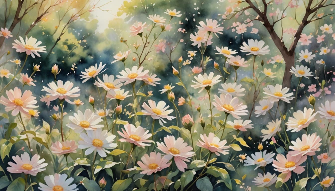 Create an image with a watercolor background depicting a gar...