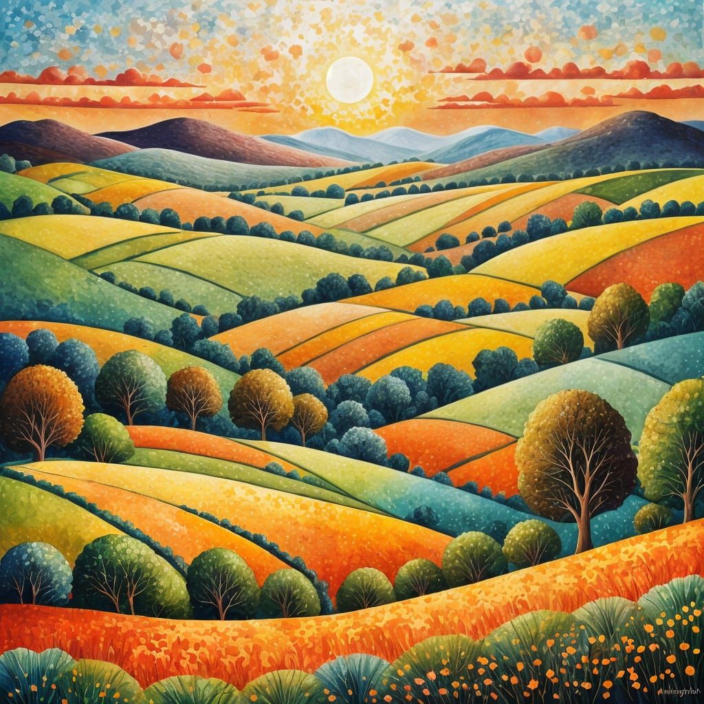 Pointillist Sunset Landscape in Gouache Watercolor Style