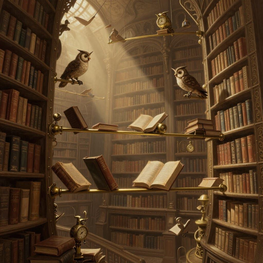 Steampunk Library with Floating Books and Clockwork Owls