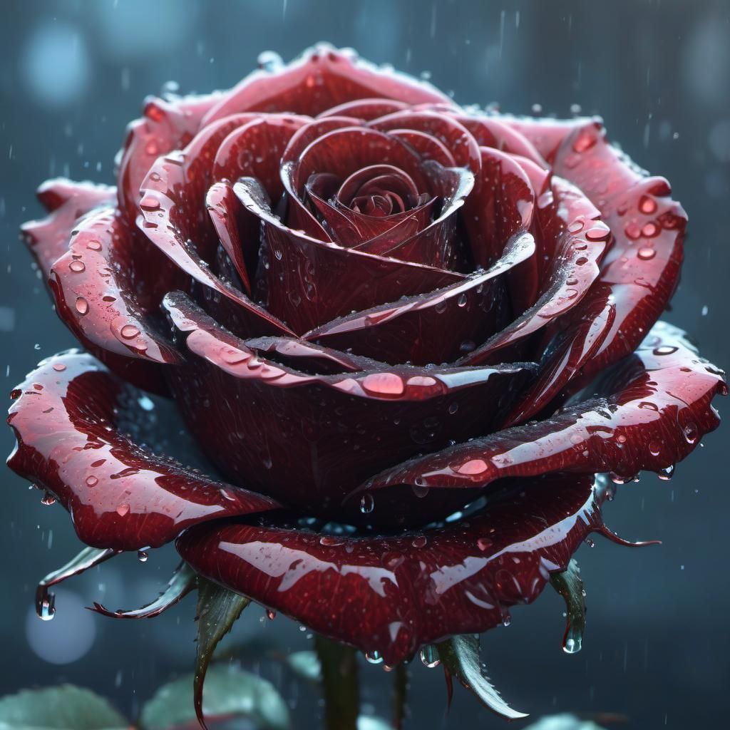 Red Glass Rose with Water Droplets: Detailed Concept Art