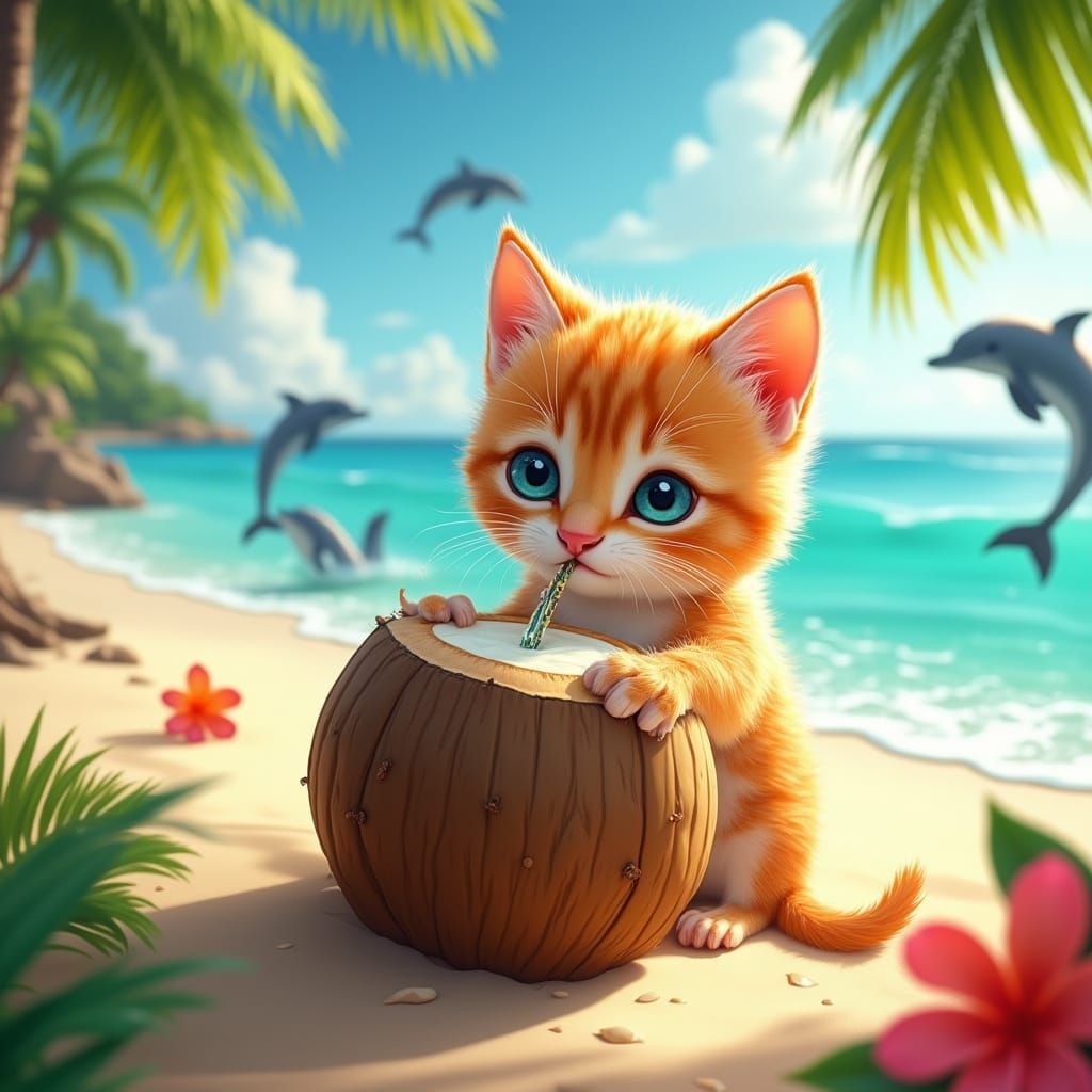 Tropical Beach Scene with Adorable Kitten and Dolphins