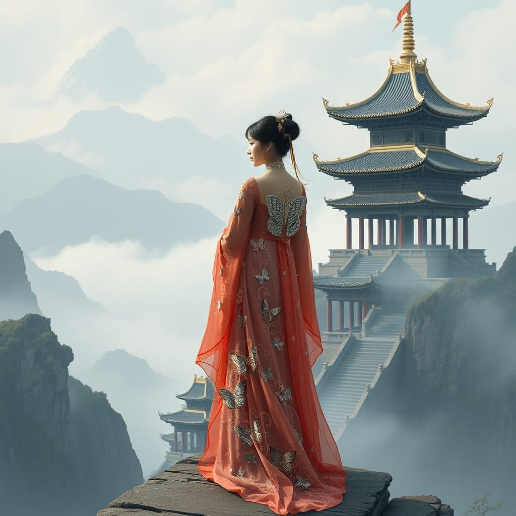 Chinese Woman in Butterfly Gown at Ancient Temple