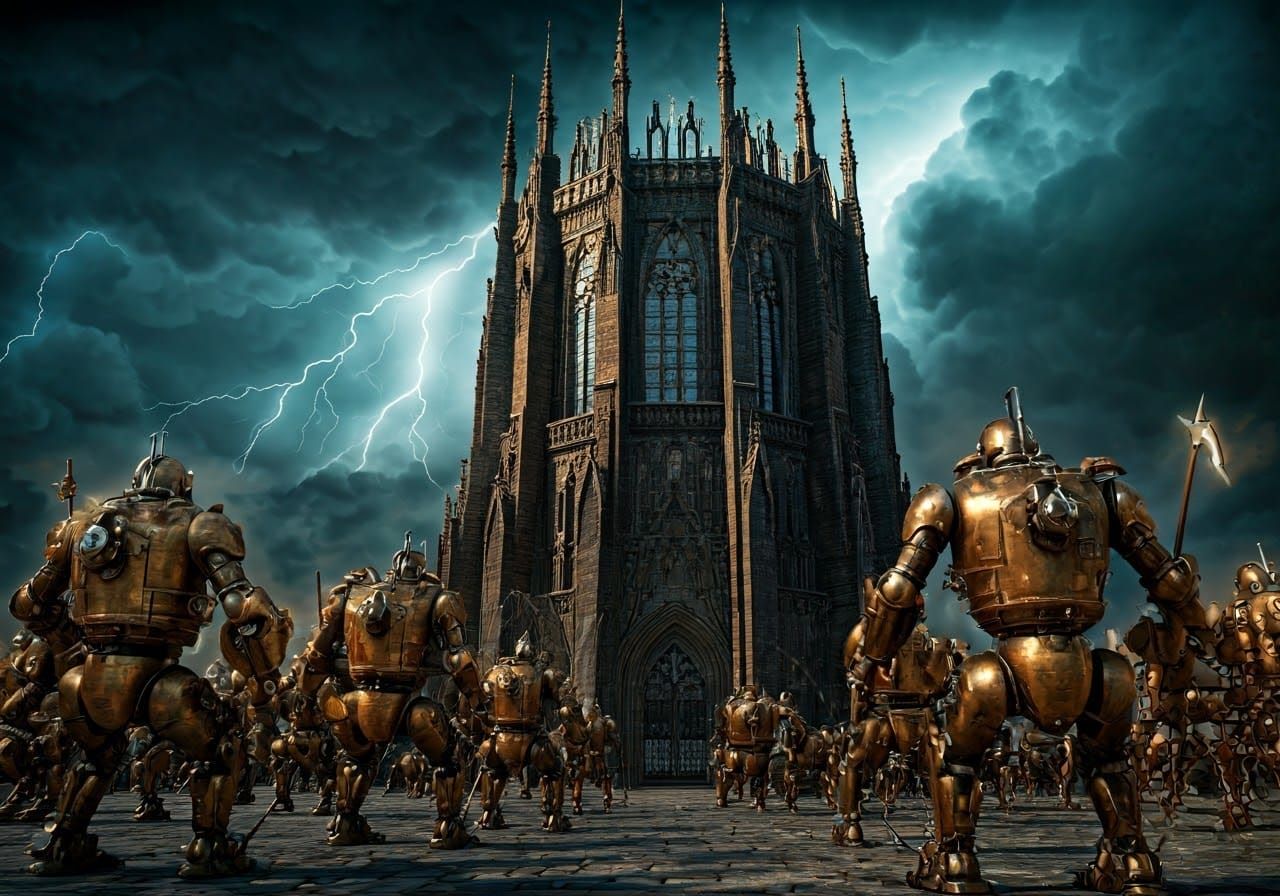Medieval Robot Army Surrounds Gothic Tower in a Dark, Ominou...