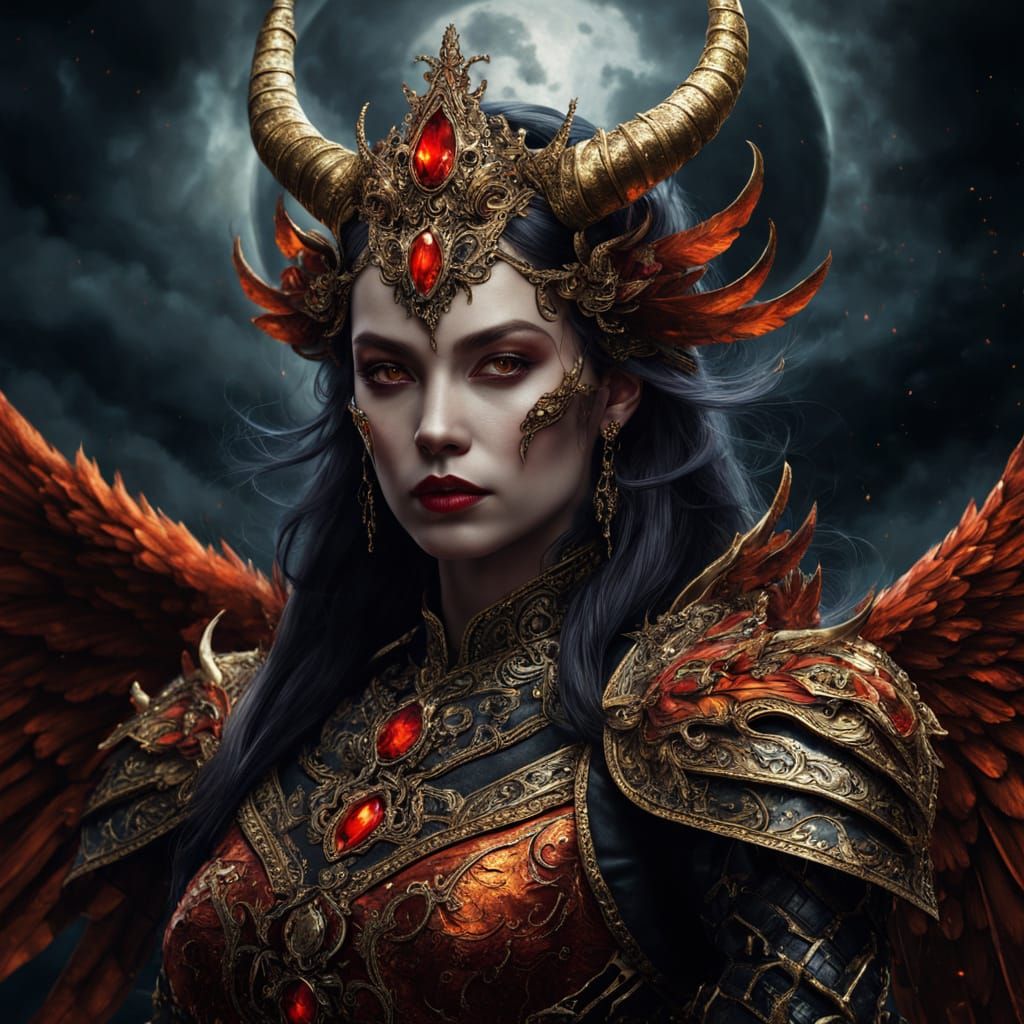 Gothic Demon Queen Unfurls Fiery Wings in Moonlit Flight