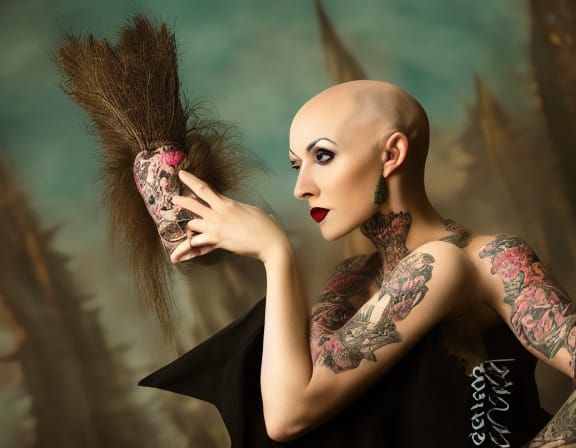 Gothic Witch with Head Tattoos in Watercolor