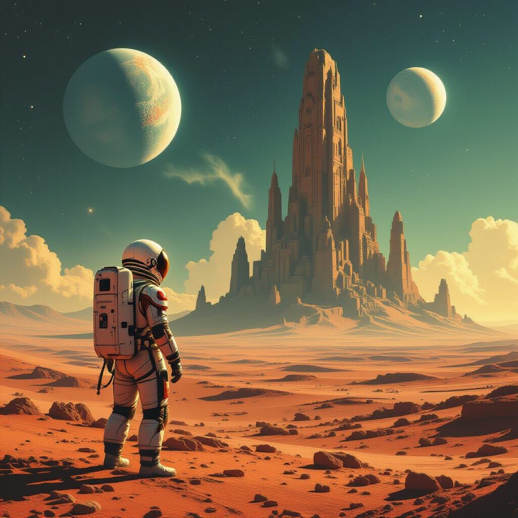 Astronaut on Alien Planet With Cosmic Castle