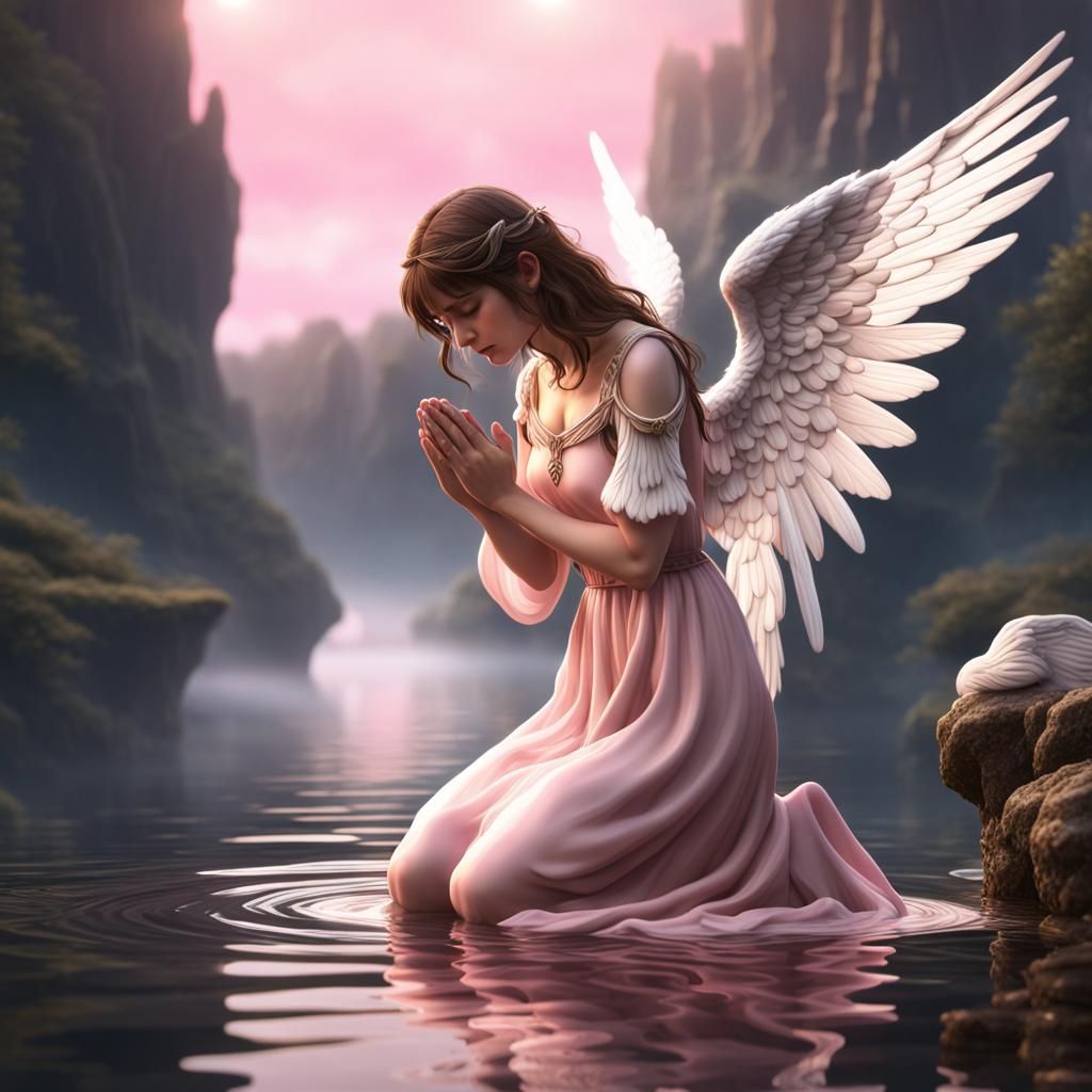 Crying Angel Praying in Detailed Matte Painting