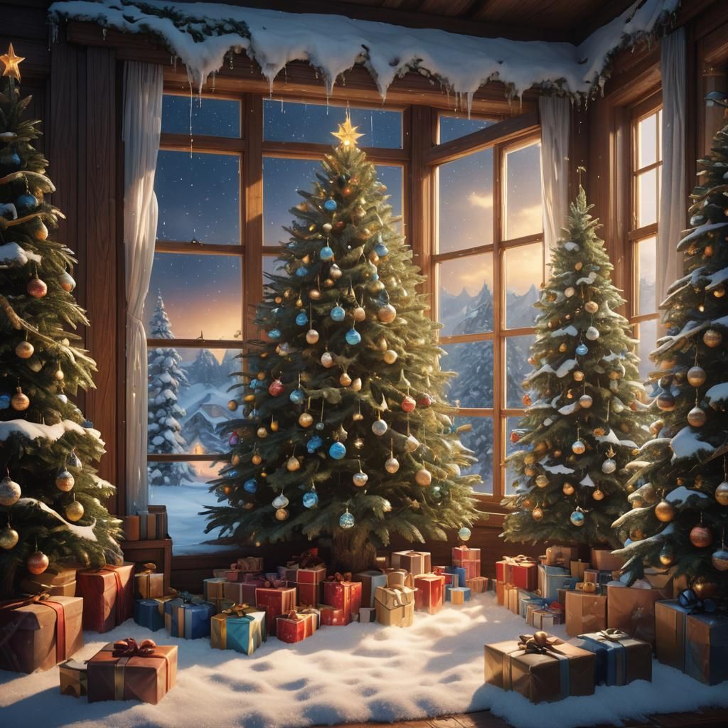 Cozy Christmas Scene Through Snowy Window