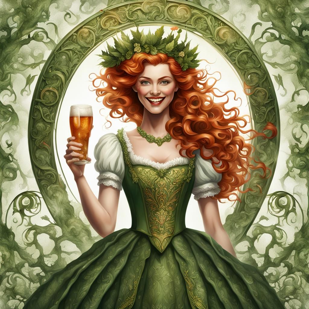 Smiling Redhead with Clover Crown, Detailed Matte Painting