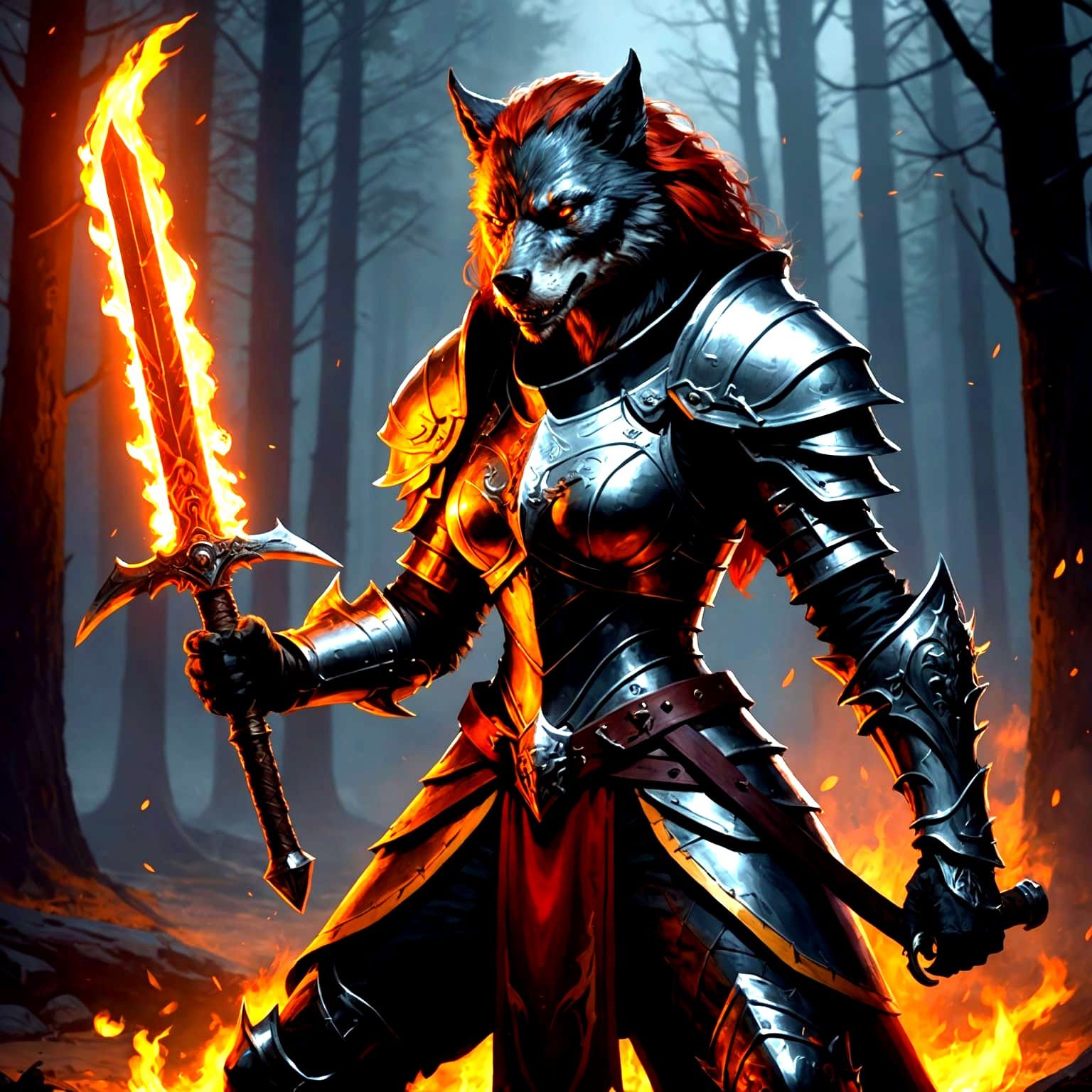 Female Werewolf Knight with Flame Sword