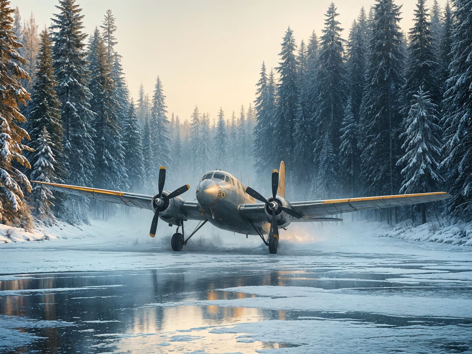 Plane Emergency Landing on Frozen River, Vintage Art