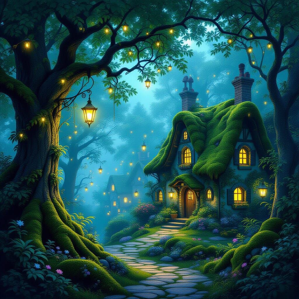 Enchanted Mossy Village Aglow with Fairy Lights