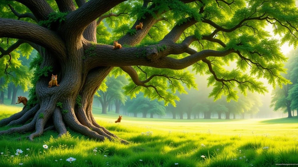 Majestic Oak Tree in Emerald Meadow, Hyperrealistic Style