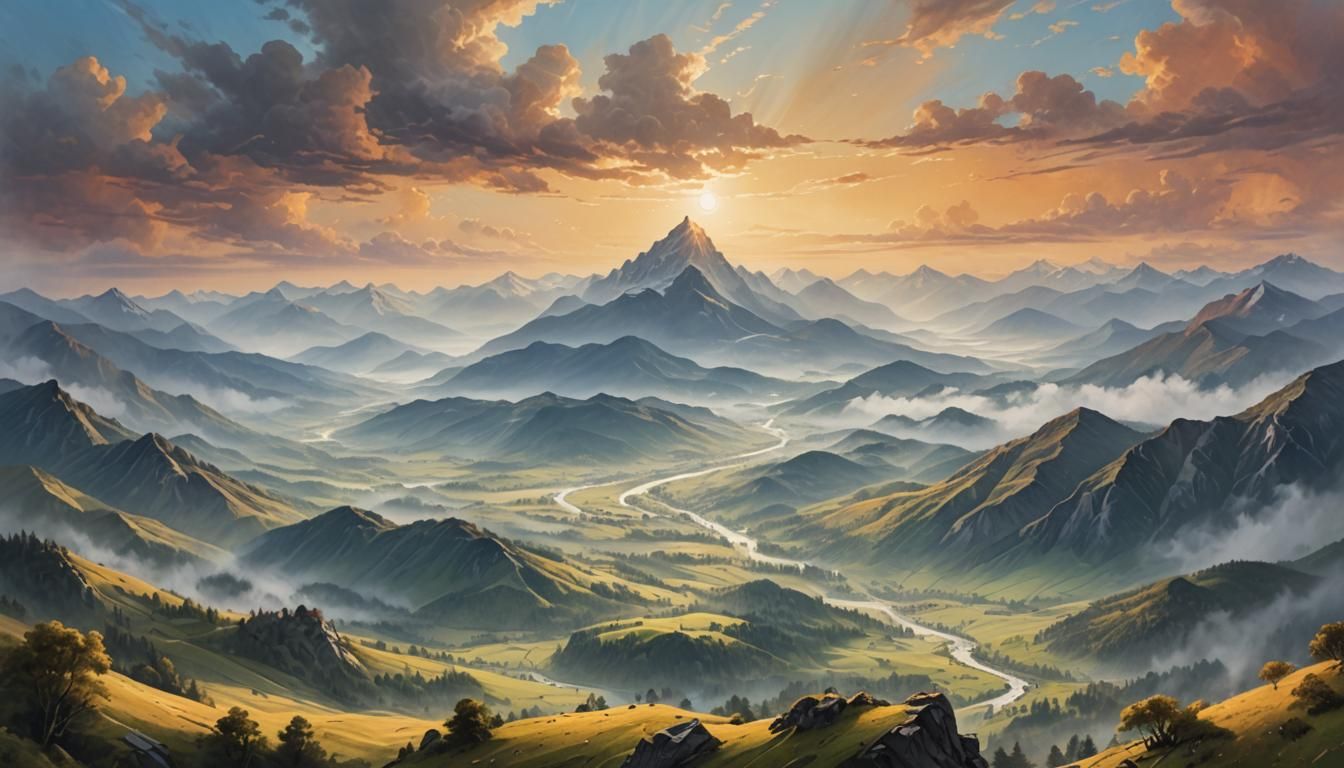 Misty Mountain Valley: A Panoramic Landscape Painting