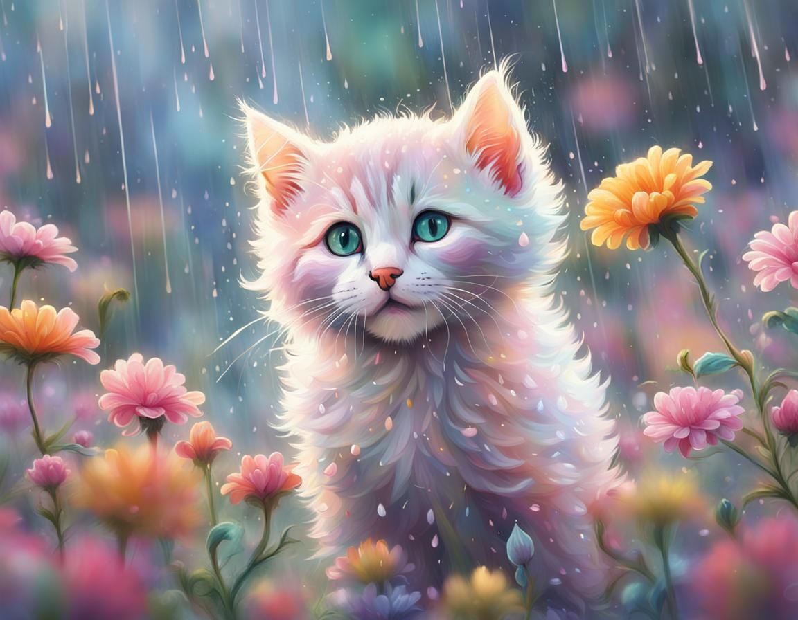 Pastel Kitten in Rainy Flower Garden