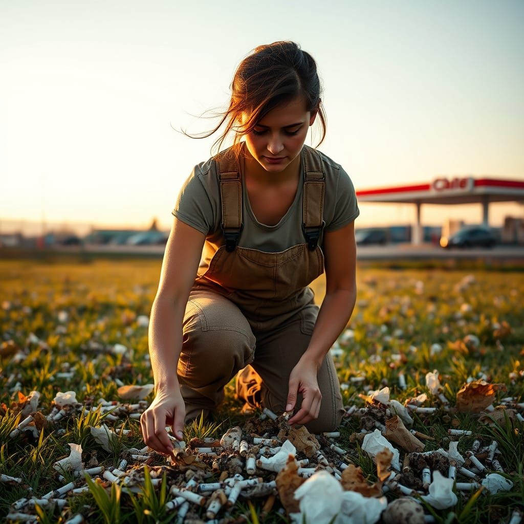 Woman in Work Clothes Cleans Polluted Field in Earthy Tone