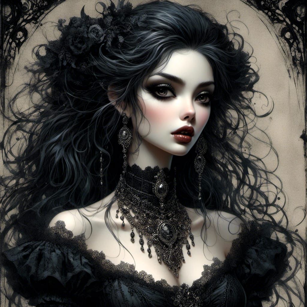 Dark Goth Woman in Victorian Dress Illustration