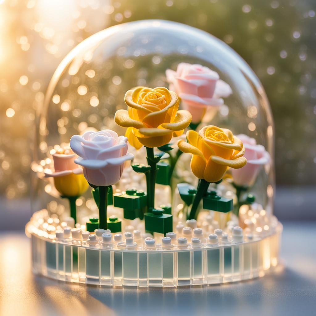 LEGO Roses in Glass Dome, Hyper-Realistic Photography