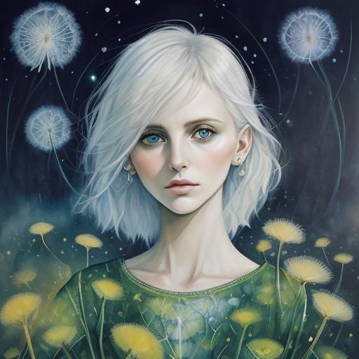 Dandelions and Waterfall in Oil Gouache Style