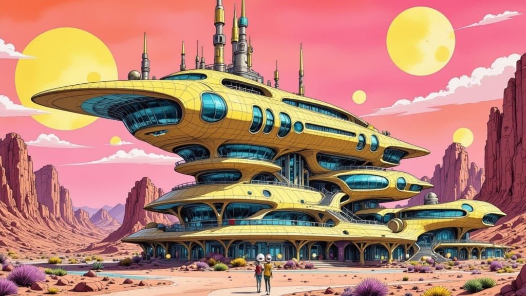 Retro-Futuristic Alien Fortress in Googie Style
